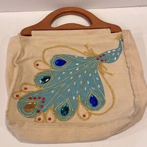 Blue Peacock canvas handbag with wooden handles 11x13”